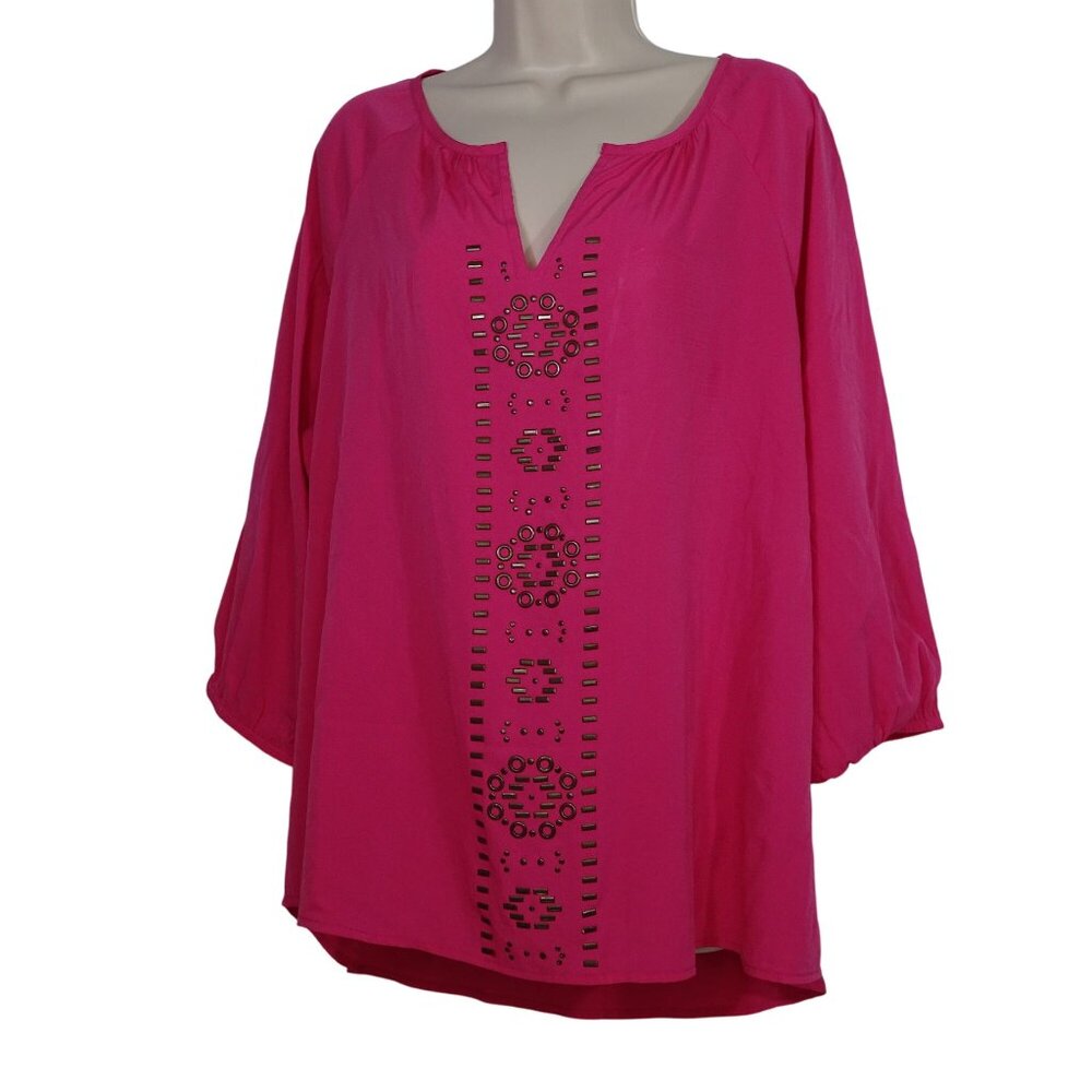 KC Khakis and Co Pink Studded Pullover Tunic Top Women Size L V-neck Long Sleeve